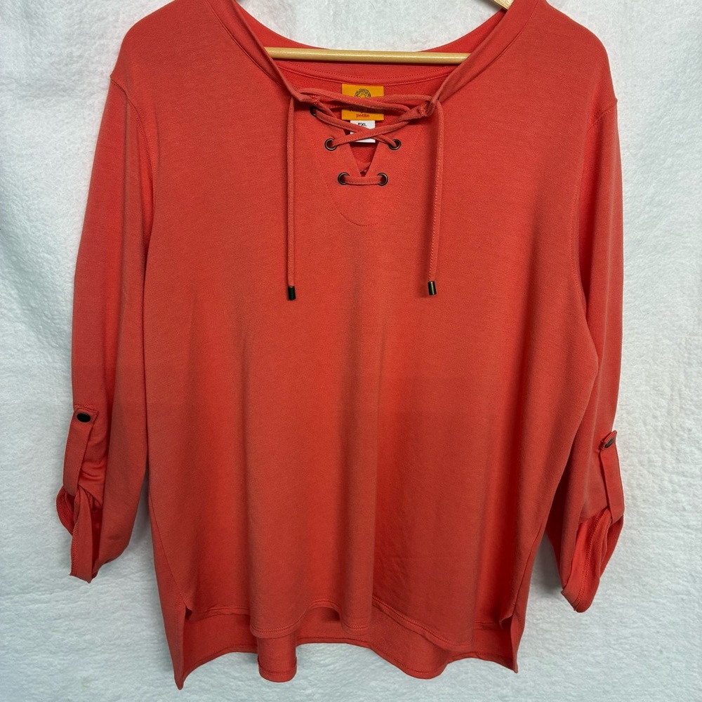 Ruby Rd Petite XL Coral Lace Up Tunic Hi Low Top Roll Tab Sleeves